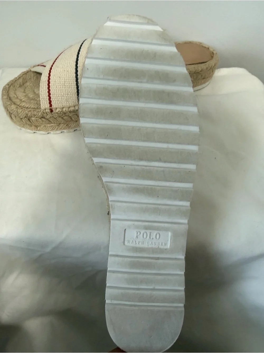 Polo by Ralph Lauren Cream Espadrille Slide Sandals with Red and Navy Stripes